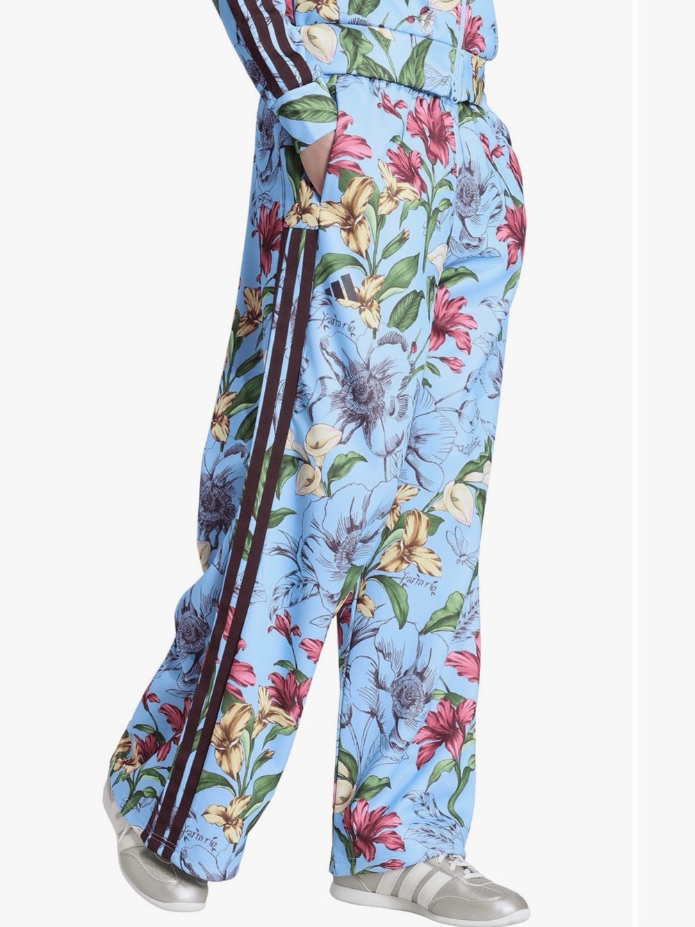 adidas Floral Light Blue Wide-Leg Track Pants with Contrast Stripes